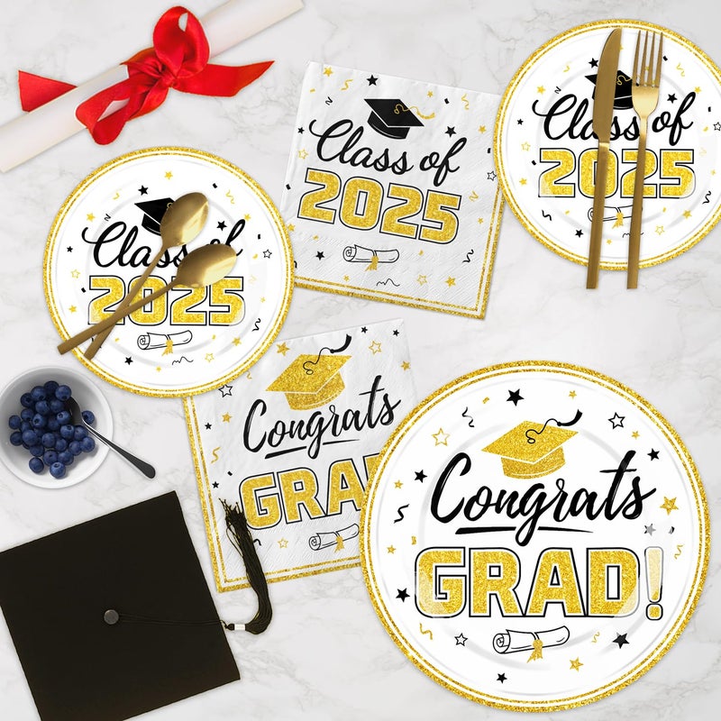 Oigco Graduation Plates and Napkins 2025 Graduation Party Supplies Congrats Grad Disposable Paper Plates Decorative Napkins Cocktail Napkins for White and Gold Graduation Party Decorations  Serve 50 - Image 3