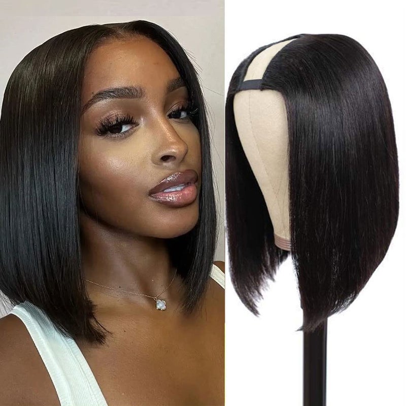 PANEWAY U Part Wig Human Hair Straight Bob Wigs For Black Women 12 inch Brazilian Remy Hair Short Bob Human Hair Wigs Clip in U Part Wig Human Hair Extensions Natural Color
