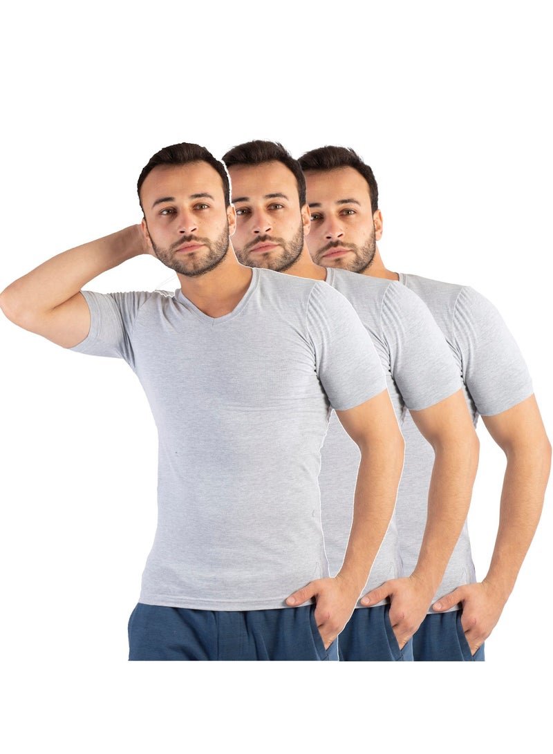 Jet 3 Pieces Men Undershirt V Neck Half Sleeves Cotton Stretch -Light Grey