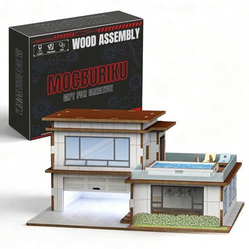 MOCBURIKU 164 Wooden Diorama Kit for Diecast Car Display Case Garage Compatible with Hot Wheels Builtin LED Lights Maximum 3 Car Capacity Villa - Image 1