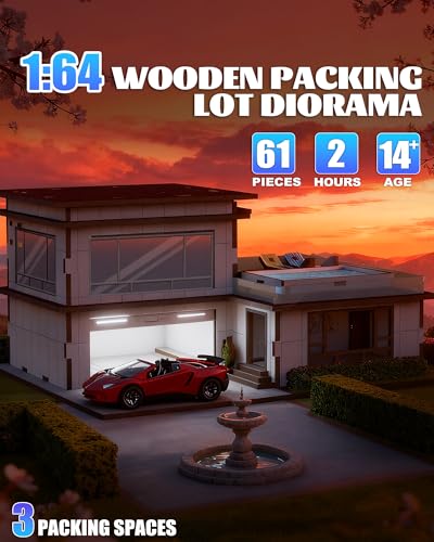 MOCBURIKU 164 Wooden Diorama Kit for Diecast Car Display Case Garage Compatible with Hot Wheels Builtin LED Lights Maximum 3 Car Capacity Villa - Image 5