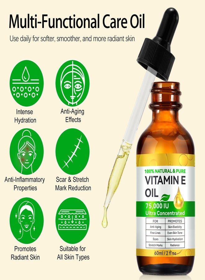 Pure Vitamin E Oil, 75,000 IU Ultra Concentrated & Natural for Stretch Mark/Scars Treatment, Smoothing & Moisturizing Skin & Hair & Cuticles, Cold Pressed/Hexane Free/Non-GMO, 60ML/2Fl Oz - Image 4