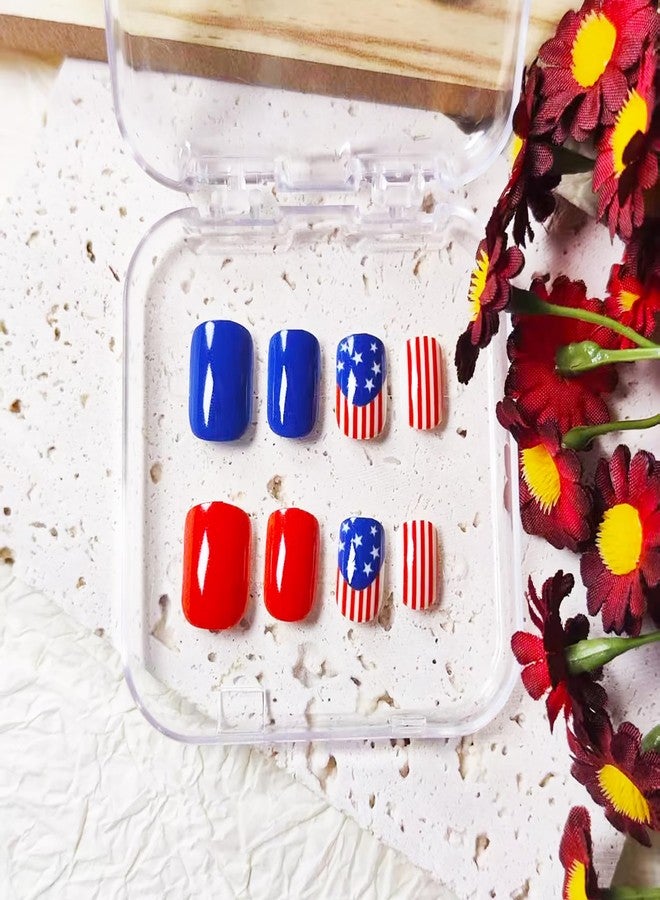 KKUUOO 24Pcs 250th Anniversary Press on Nails,Short Square Fake Nails with American Flag Star Designs Red White Blue Acrylic Press Ons 4th of July False Nails Glossy Stick on Nails for Women - Image 2