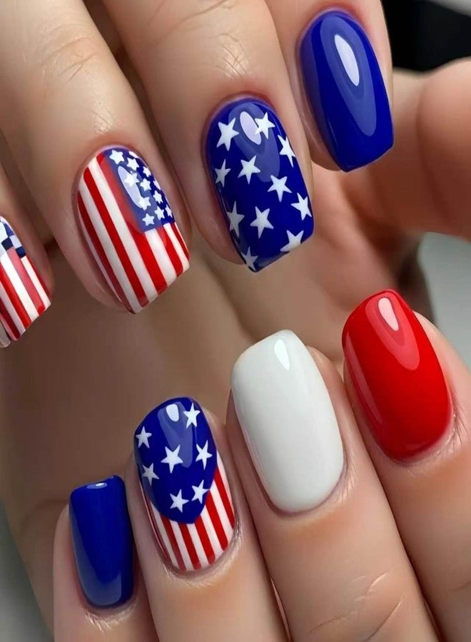 KKUUOO 24Pcs 250th Anniversary Press on Nails,Short Square Fake Nails with American Flag Star Designs Red White Blue Acrylic Press Ons 4th of July False Nails Glossy Stick on Nails for Women - Image 1