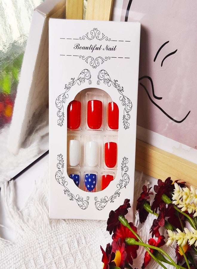 KKUUOO 24Pcs 250th Anniversary Press on Nails,Short Square Fake Nails with American Flag Star Designs Red White Blue Acrylic Press Ons 4th of July False Nails Glossy Stick on Nails for Women - Image 5