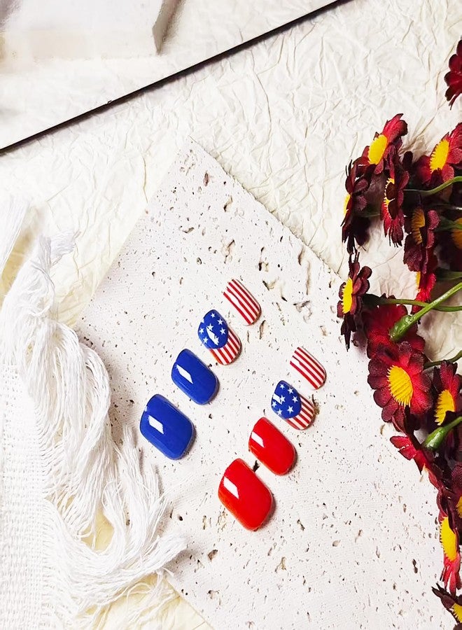 KKUUOO 24Pcs 250th Anniversary Press on Nails,Short Square Fake Nails with American Flag Star Designs Red White Blue Acrylic Press Ons 4th of July False Nails Glossy Stick on Nails for Women - Image 3