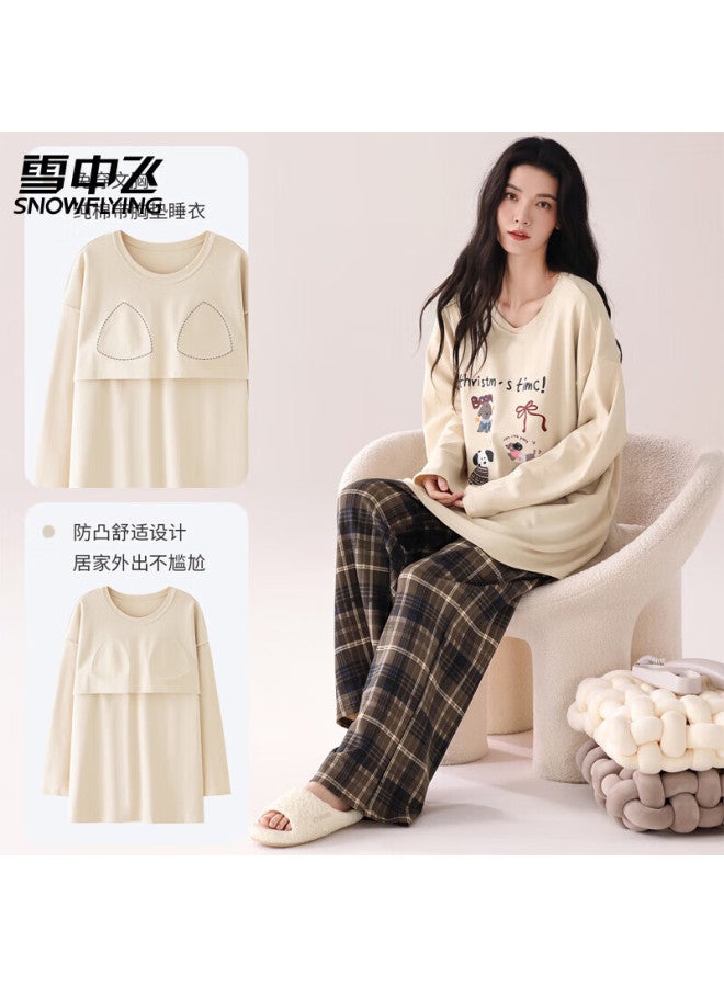 Snowflying Women's Autumn Winter New Cotton Long Sleeve Loose Plus Size Cartoon Pajama Set With Chest Pad Suitable For Outdoor Wear