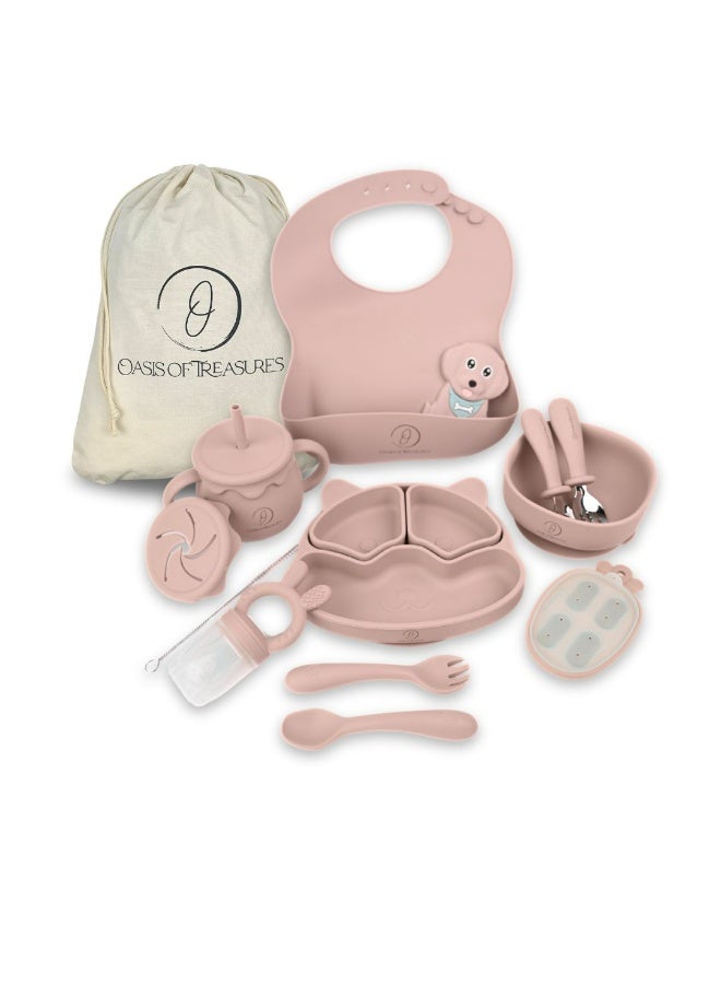 Oasis of Treasures – (17 Pieces) Complete Baby Feeding Set, Grows with Your Child, Premium Silicone Baby Led Weaning Set (Puppy, Rose Pink)