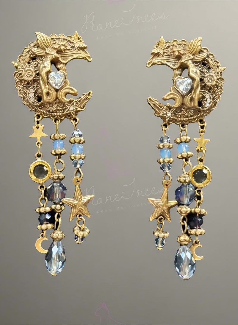 PLANE TREES Celestial Fairy Drop Earrings – Gold Filigree with Crystal Charms - Image 1