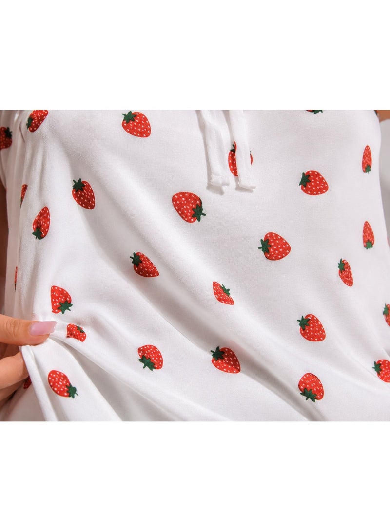 Elegant Strawberry Print Girls Dress, Soft Short Sleeve Casual Home Wear Dress, Lightweight Breathable Nightdress, Comfortable Daily Lounge Dress, Stylish Printed Sleepwear for Girls - Image 3