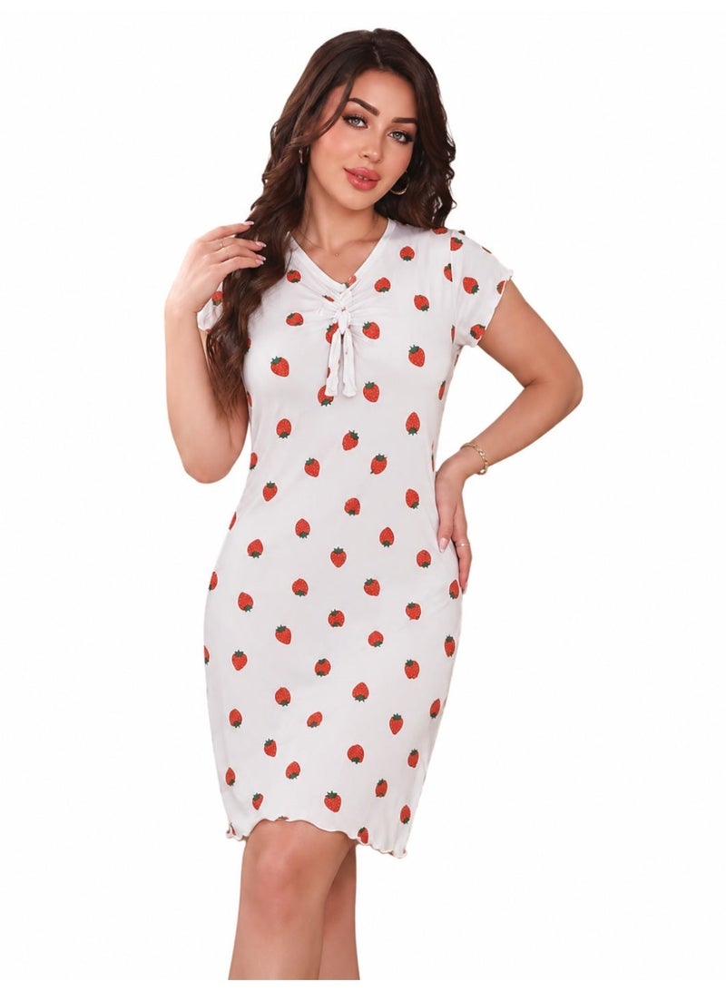 Elegant Strawberry Print Girls Dress, Soft Short Sleeve Casual Home Wear Dress, Lightweight Breathable Nightdress, Comfortable Daily Lounge Dress, Stylish Printed Sleepwear for Girls - Image 1