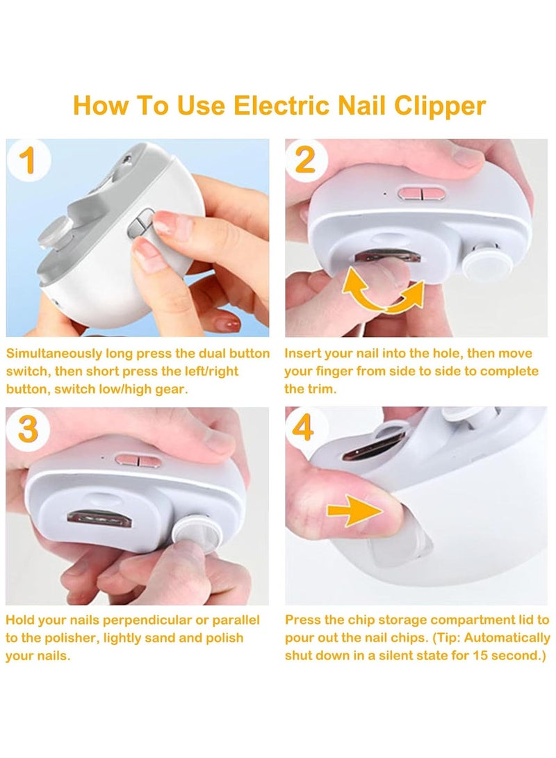 CityRiya-Long Electric Baby Nail Clippers Automatic Electric Nail Clipper with Light 2 in 1 Fingernail Trimmer Polisher & Clip Storage Extra Nail File USB Rechargeable Electric Nail Trimmer for Baby, Kids, Adult  - Image 5