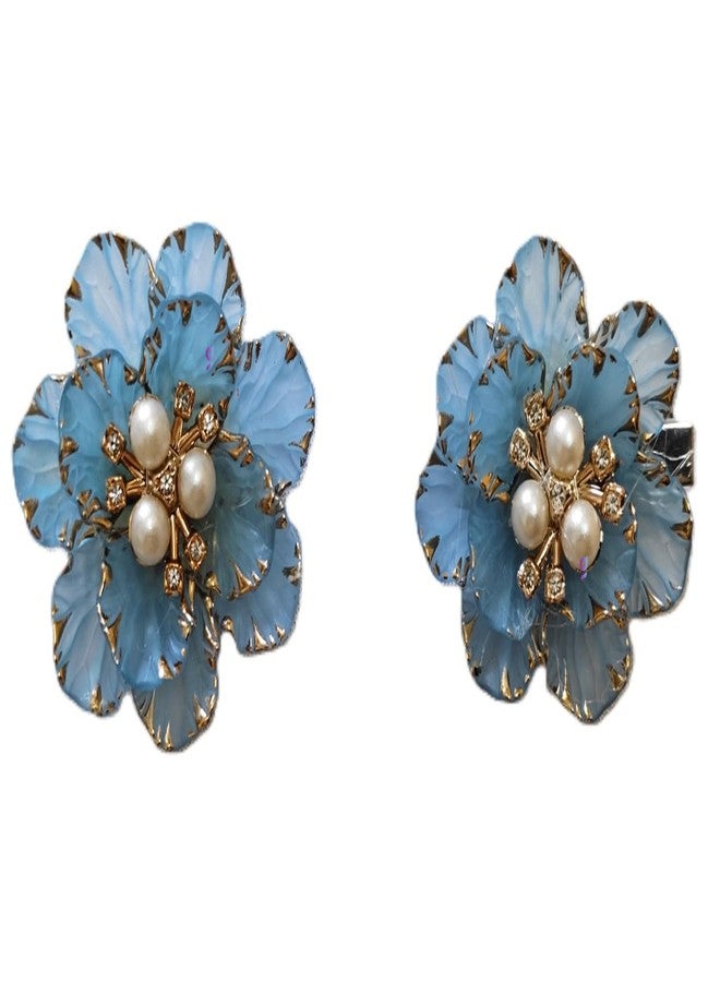 Goonmala Acrylic Petal Flower with Pearl, 5 cm, for Decoration, DIY Craft, Rakhi, Diwali, Hair Clip (Blue) - Image 2