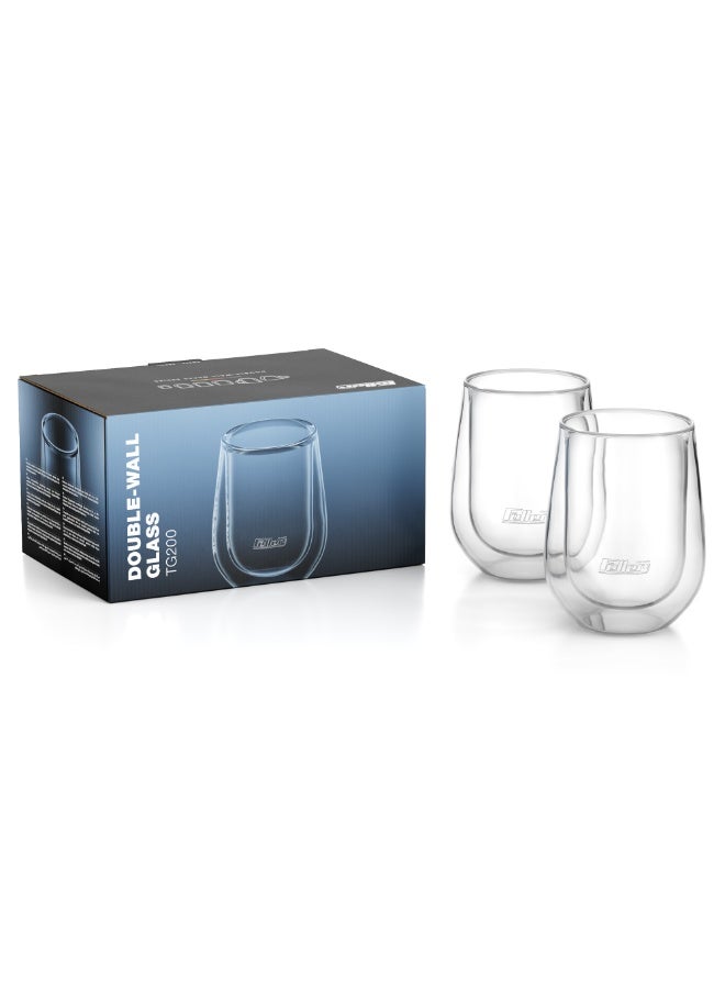 Feller Germany TG200 Double-Wall Glasses Set of 2, 200ml Insulated Borosilicate Tumblers for Coffee, Tea, Water & Juice, Keeps Drinks Hot & Cold, Thermal Shock Resistant, BPA-Free - Image 1