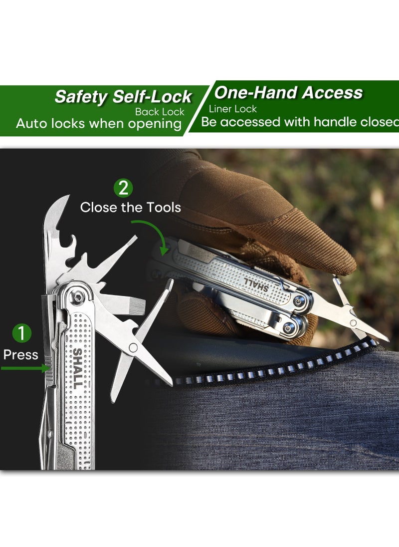 SHALL SHALL Multi Tool, 18-in-1 Multitool Pliers, Stainless Steel Pocket Multi-tool with Screwdriver Bit & Universal Socket, Self-locking Multipurpose Tool with Sheath for Camping Fishing  - Image 2