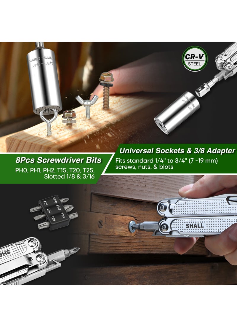 SHALL SHALL Multi Tool, 18-in-1 Multitool Pliers, Stainless Steel Pocket Multi-tool with Screwdriver Bit & Universal Socket, Self-locking Multipurpose Tool with Sheath for Camping Fishing  - Image 3