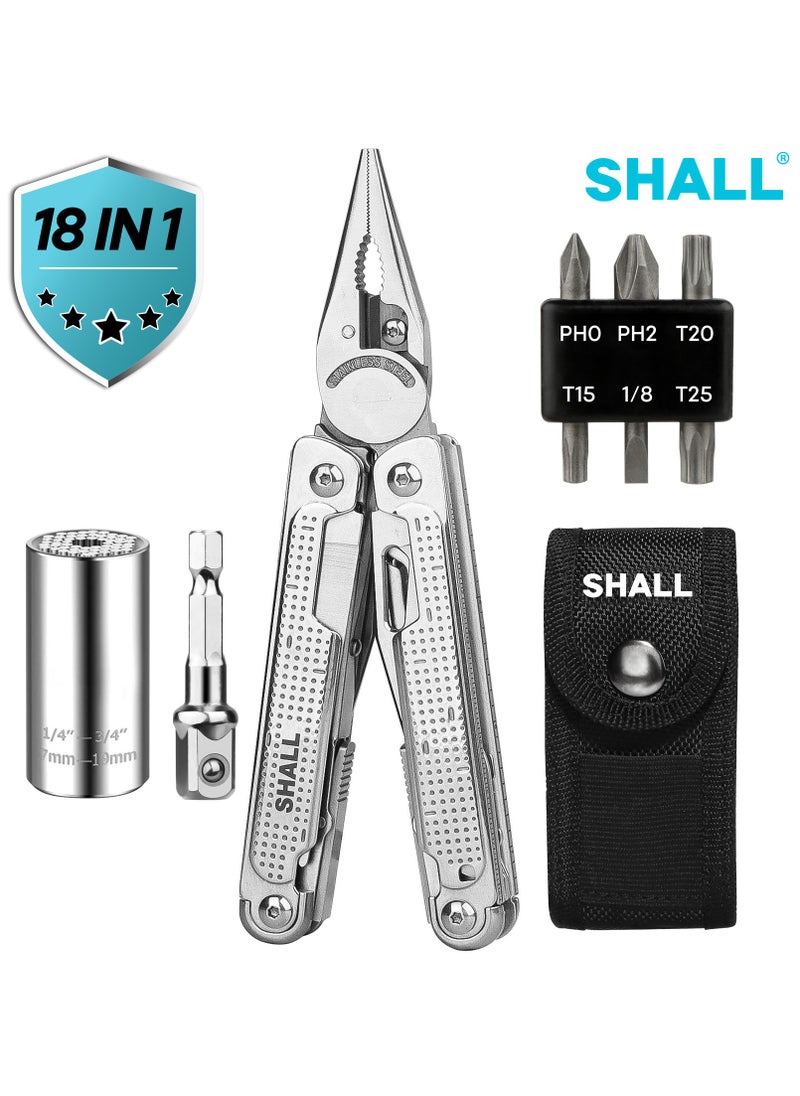 SHALL SHALL Multi Tool, 18-in-1 Multitool Pliers, Stainless Steel Pocket Multi-tool with Screwdriver Bit & Universal Socket, Self-locking Multipurpose Tool with Sheath for Camping Fishing  - Image 1