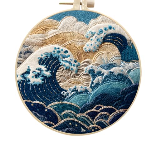 FONNUY Embroidery Kit for Beginners Stormy Sea Wave Flowers PreStamped Pattern Kits for Adults with Hoop Easy to Follow Color Thread Needlework 8 Hoop Blue - Image 1