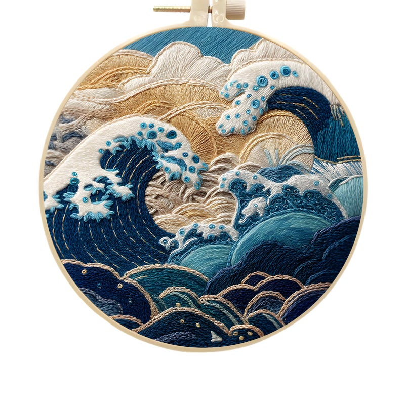 FONNUY Embroidery Kit for Beginners Stormy Sea Wave Flowers PreStamped Pattern Kits for Adults with Hoop Easy to Follow Color Thread Needlework 8 Hoop Blue - Image 3