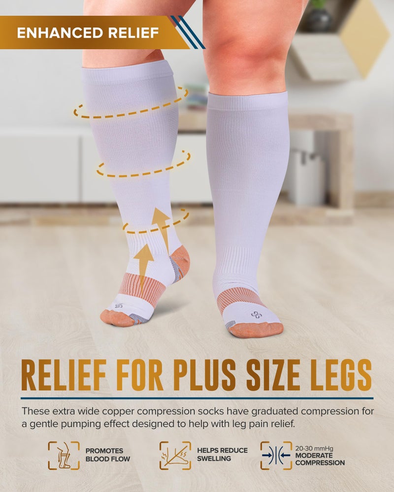 Doctor's Select Copper Plus Size Compression Socks Wide Calf - 2 Pairs | 20-30mmHg Extra Wide Calf Compression Sock Women | Compression Socks for Women Plus Size for Traveling & Running | Compression Sock Men Wide Calf | Black & White - Image 2