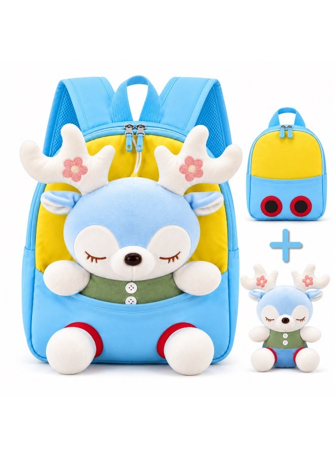 Kidzilla Kids Plush Backpack with Little Blue Deer Design, Light Blue Cuddly Toy Bag for Toddlers & Preschoolers - Image 2