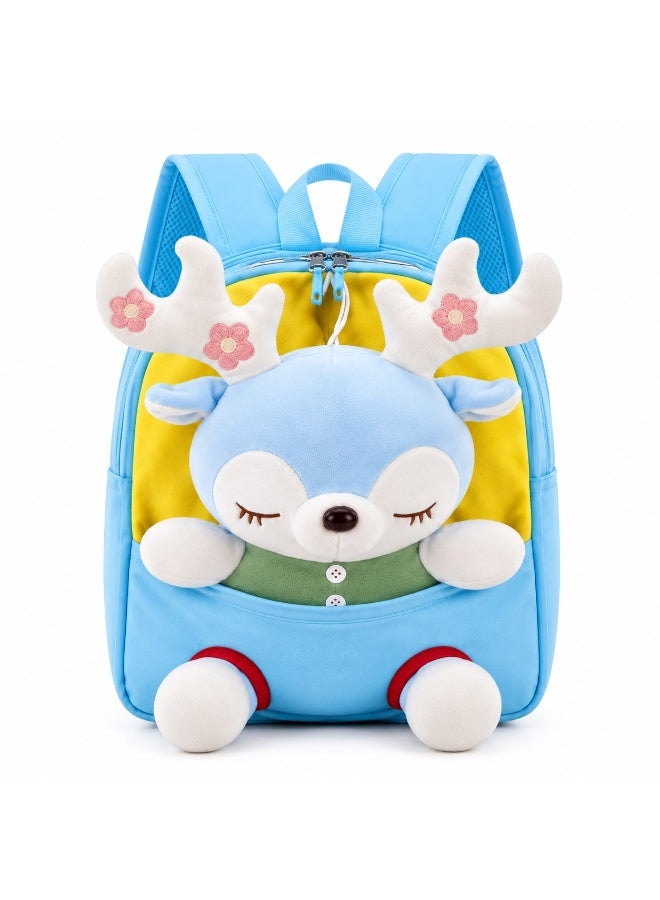 Kidzilla Kids Plush Backpack with Little Blue Deer Design, Light Blue Cuddly Toy Bag for Toddlers & Preschoolers - Image 1