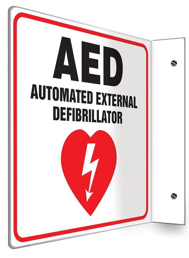 PSP721 Projection Sign 90D, Legend"AED AUTOMATED External DEFIBRILLATOR", 8" x 8" Panel, 0.10" Thick High-Impact Plastic, Red/Black on White