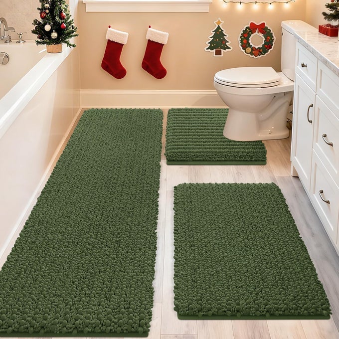 UPGRADE EXTRA LARGE OLIVER GREEN BATHROOM RUG SET 3 PIECES ULTRA SOFT THICK ABSORBENT BATH MATS NON SLIP CHENILLE TOILET MAT FOR BATHROOM BEDROOM KITCHEN