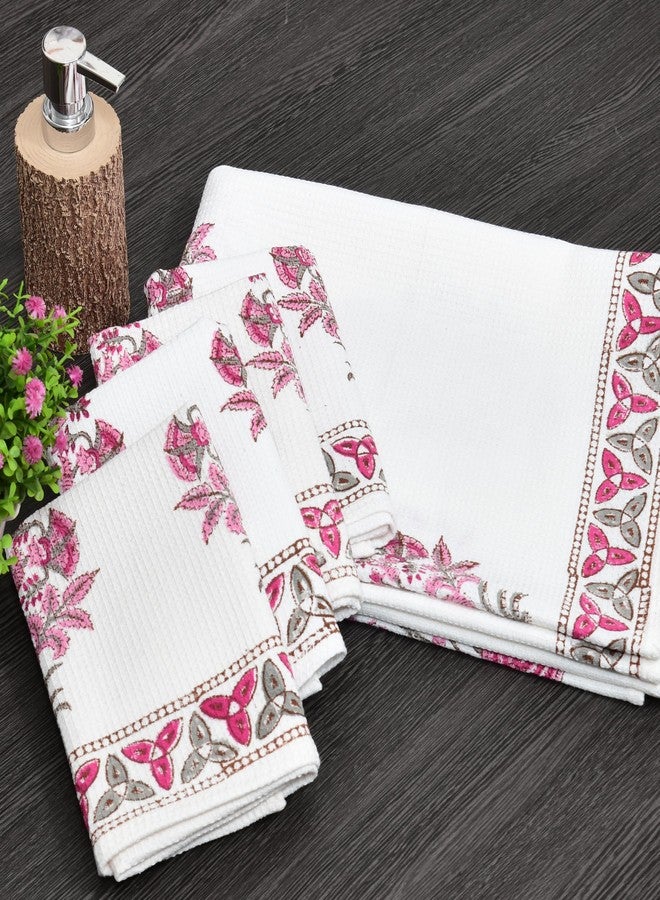 BLOCKS OF INDIA Cotton Hand Block Printed Soft Waffle Towel Set - 1 Bath Towel & 4 Hand Towels Pack of 5 (Color 33) - Image 3