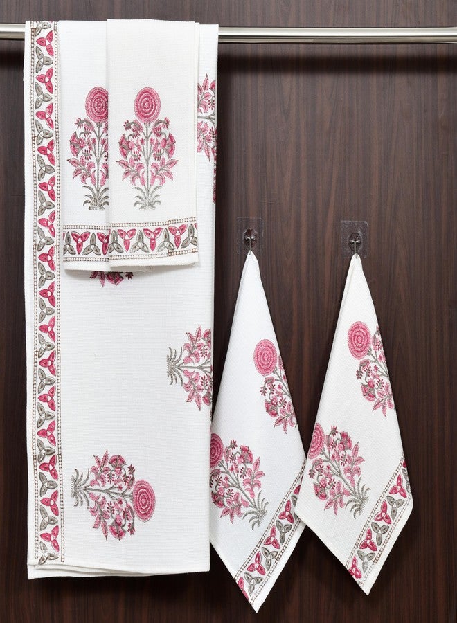 BLOCKS OF INDIA Cotton Hand Block Printed Soft Waffle Towel Set - 1 Bath Towel & 4 Hand Towels Pack of 5 (Color 33) - Image 2