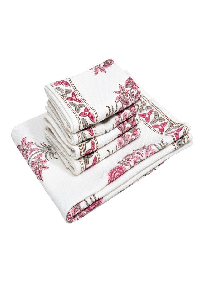 BLOCKS OF INDIA Cotton Hand Block Printed Soft Waffle Towel Set - 1 Bath Towel & 4 Hand Towels Pack of 5 (Color 33) - Image 1