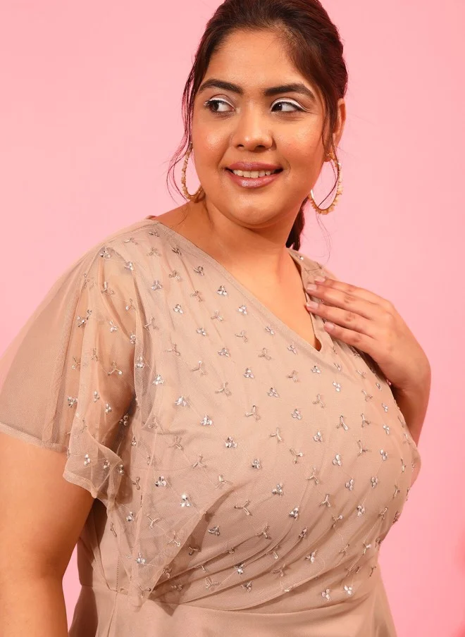 CURVY STREET Beige Plus Size V-Neck Peplum Top for Women