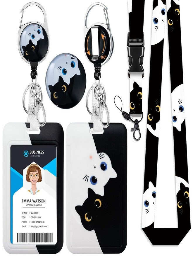 HASFINE Cute Cat Badge Holder with Lanyard and Retractable Badge Reel, Melodious Cat Breakaway Lanyard with ID Card Holder Carabiner Badge Reel Key Holder, Ideal for Nurse Teacher Student Work Staff - Image 1