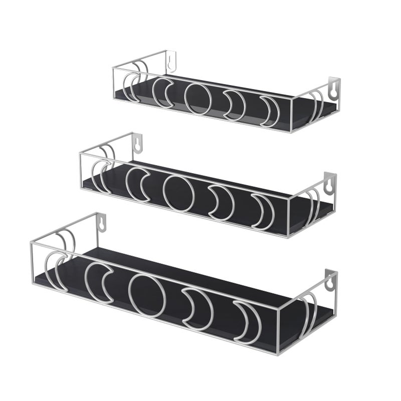 PHAREGE Moon Phase Floating Shelves Black Silver Set of 3 Small Decorative Wall Shelves for Book Plant Storage Crystal Figurine Collectibles Display Shelf for Bedroom Kid Room