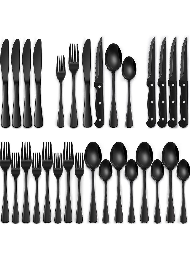 LENND 24-Piece Black Silverware Set with Steak Knives, Black Flatware Set for 4, Food-Grade Stainless Steel Tableware Cutlery Set, Mirror Finished Utensil Sets for Home Restaurant - Image 1