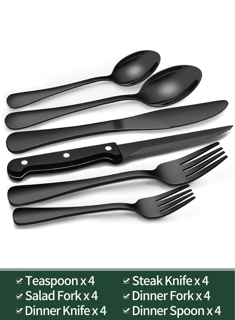 LENND 24-Piece Black Silverware Set with Steak Knives, Black Flatware Set for 4, Food-Grade Stainless Steel Tableware Cutlery Set, Mirror Finished Utensil Sets for Home Restaurant - Image 2