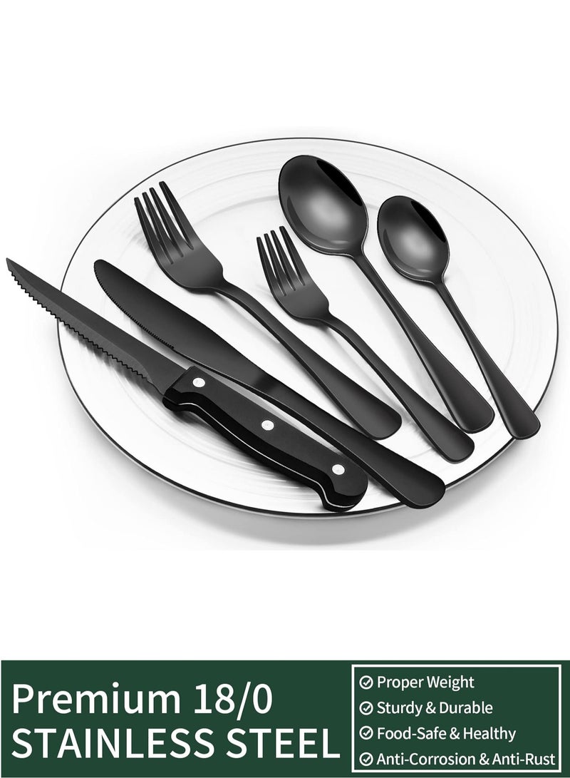 LENND 24-Piece Black Silverware Set with Steak Knives, Black Flatware Set for 4, Food-Grade Stainless Steel Tableware Cutlery Set, Mirror Finished Utensil Sets for Home Restaurant - Image 5