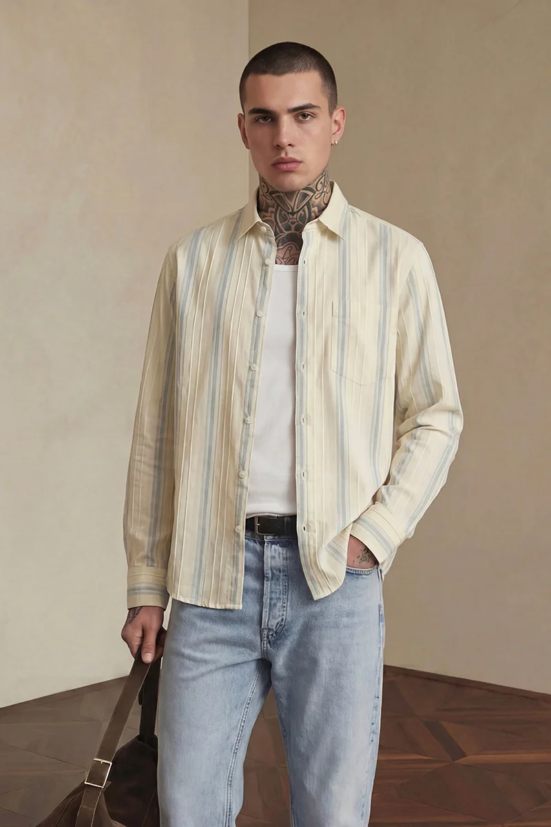 SNITCH Light Yellow Striped Long Sleeve Slim Fit Formal Shirt