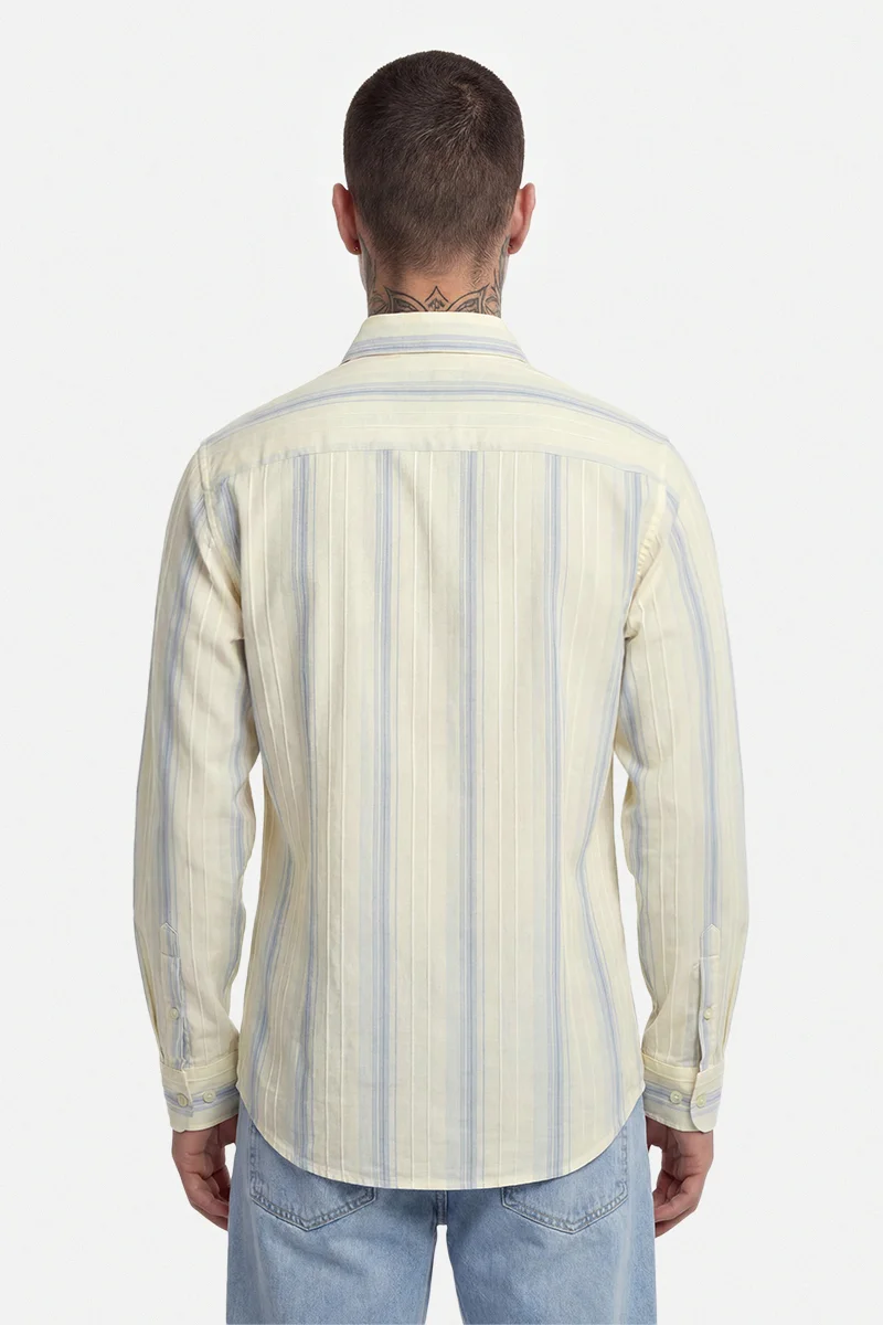 SNITCH Light Yellow Striped Long Sleeve Slim Fit Formal Shirt