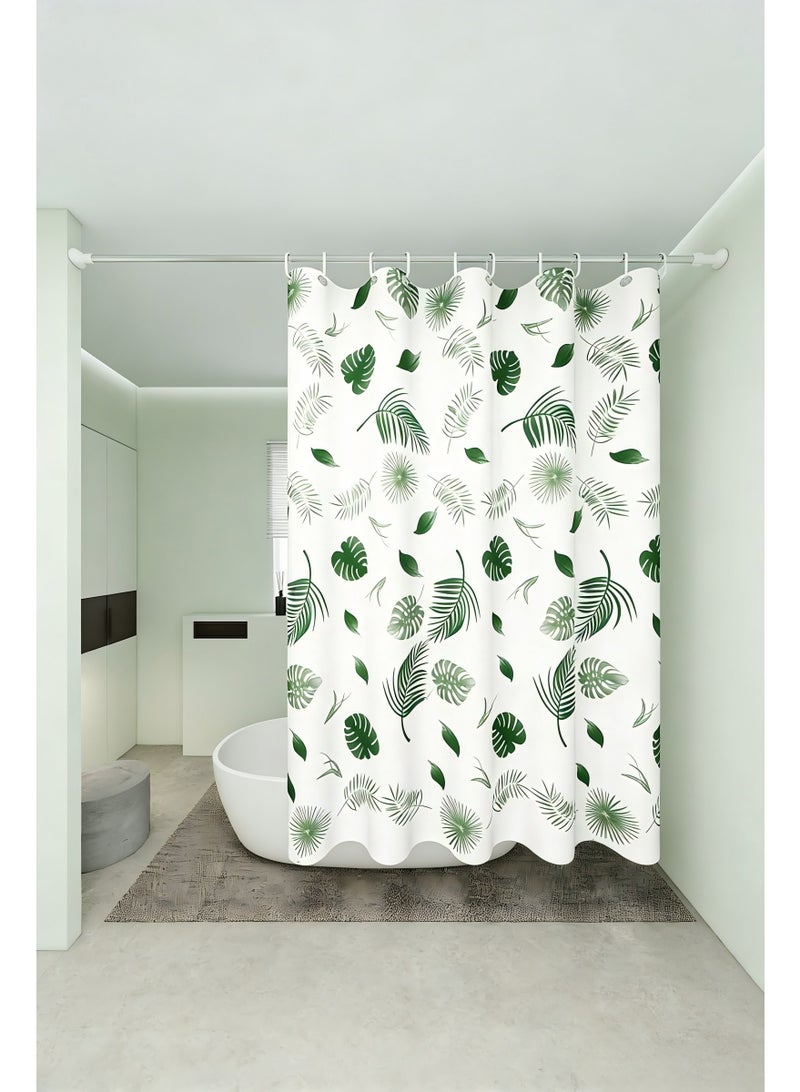 200X180cm Waterproof Shower Curtain Green Leaves pattern Decorative Bath Curtain with Plastic Hanging Ring No-Drill Bathroom Shower Liner Rustproof - Image 1