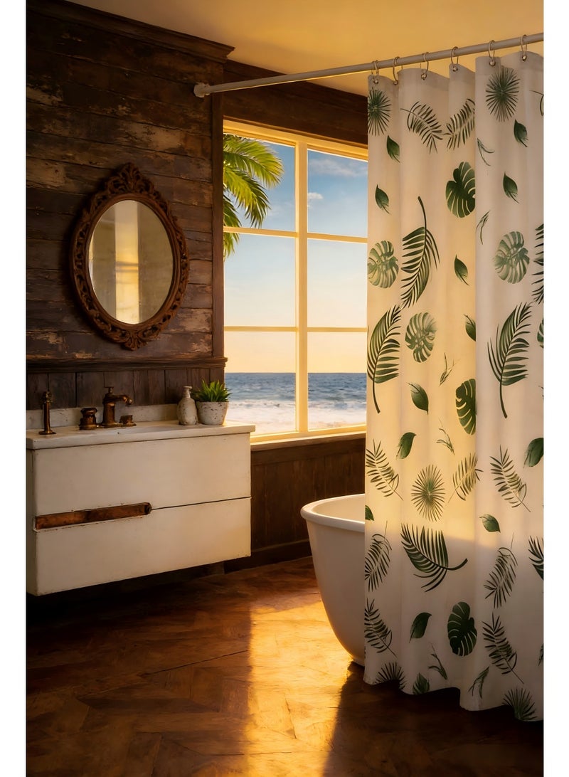 200X180cm Waterproof Shower Curtain Green Leaves pattern Decorative Bath Curtain with Plastic Hanging Ring No-Drill Bathroom Shower Liner Rustproof - Image 2
