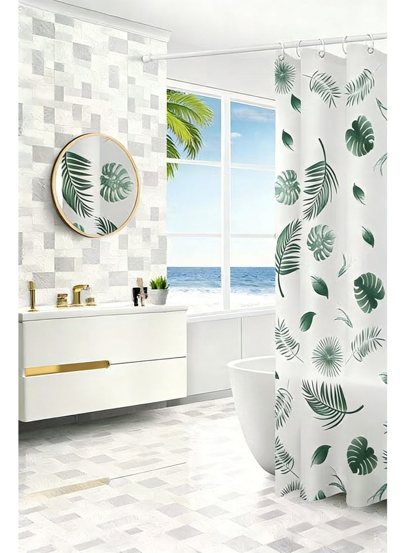 200X180cm Waterproof Shower Curtain Green Leaves pattern Decorative Bath Curtain with Plastic Hanging Ring No-Drill Bathroom Shower Liner Rustproof - Image 5