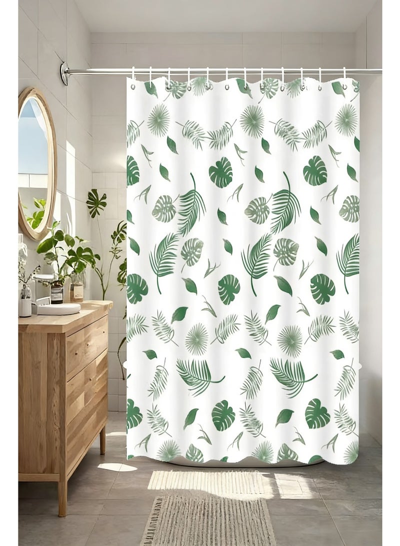 200X180cm Waterproof Shower Curtain Green Leaves pattern Decorative Bath Curtain with Plastic Hanging Ring No-Drill Bathroom Shower Liner Rustproof - Image 3