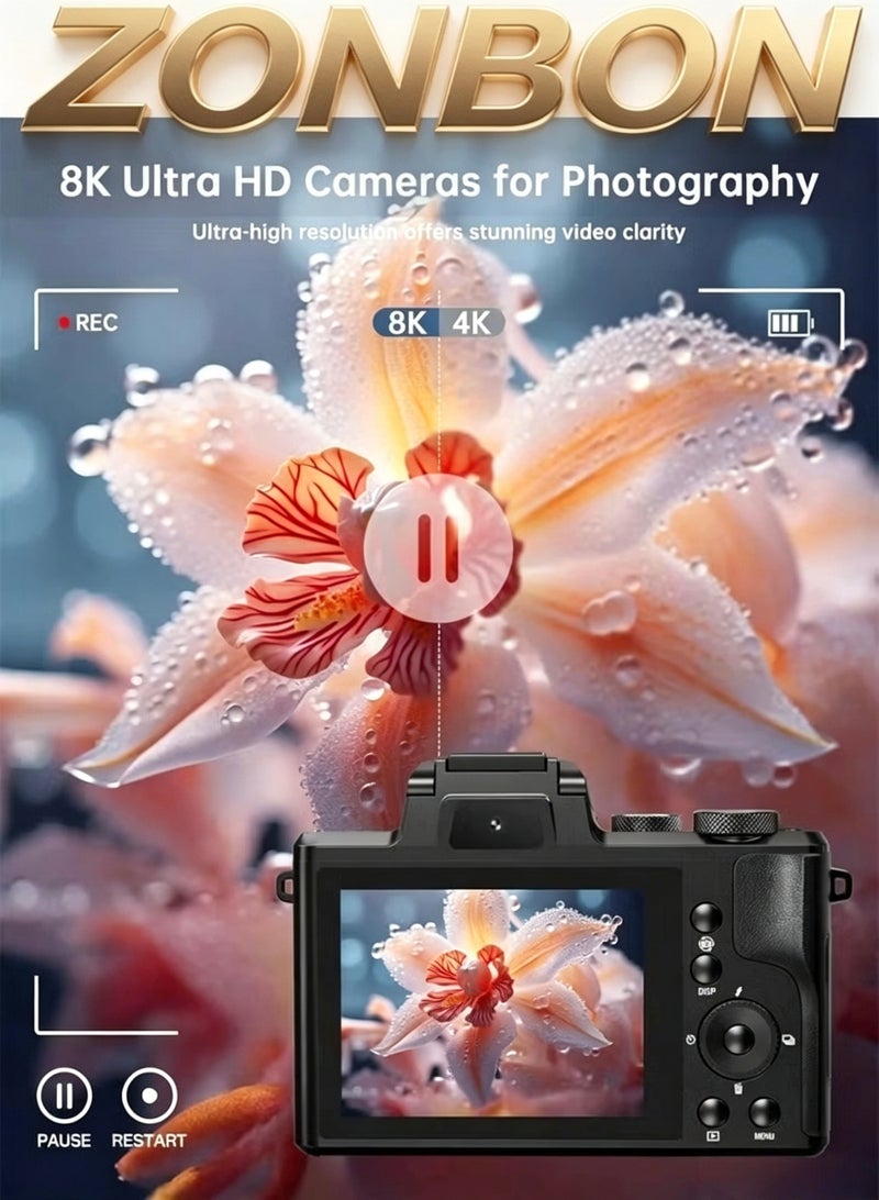 ZONBON 8K Digital Cameras for Photography - Autofocus 88MP WiFi Vlogging Camera for Tiktok with Dual-Lens - 16X Digital Zoom Vlog Camera with Lens Hood, 128GB TF Card - Image 2