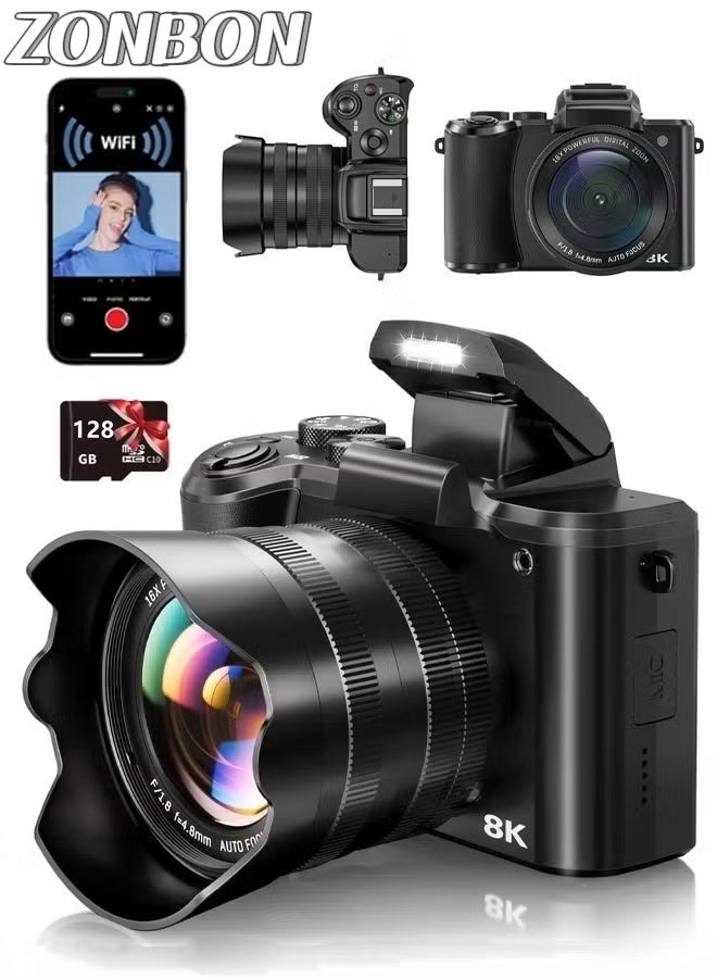ZONBON 8K Digital Cameras for Photography - Autofocus 88MP WiFi Vlogging Camera for Tiktok with Dual-Lens - 16X Digital Zoom Vlog Camera with Lens Hood, 128GB TF Card - Image 1