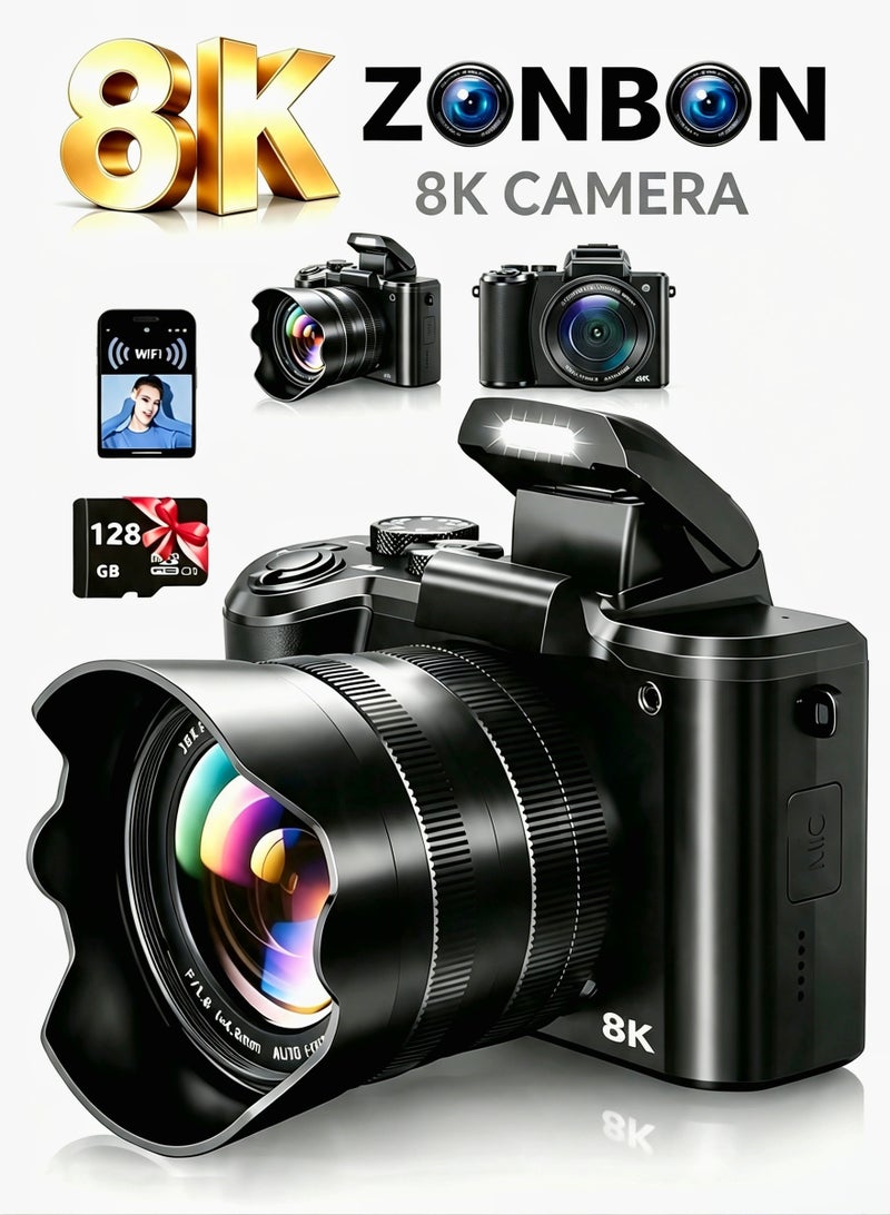 زونبون كاميرات رقمية 8K للتصوير - كاميرا ويبو بتركيز تلقائي ودقة 88 ميجابكسل وشبكة واي فاي، لـ TikTok مع عدسة مزدوجة - كاميرا ويبو رقمية بتكبير 16X مع غطاء العدسة، بطاقة TF سعة 128 جيجابايت - Image 1