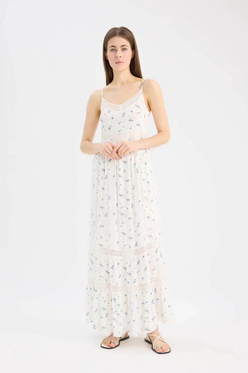 Defacto A Cut V-Neck Crinkle Fabric Sleeveless Midi Dress