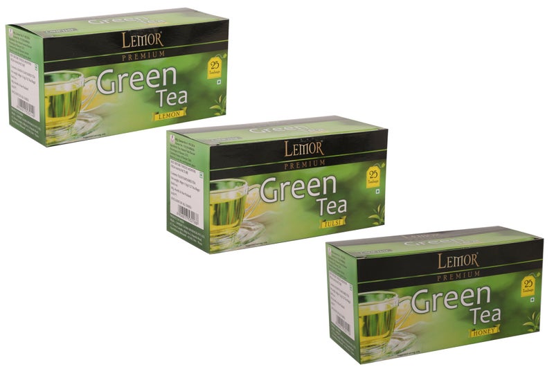 LEMOR Premium Green Tea bags by LEMOR (Honey, Tulsi, Lemon, 25 Tea bags box, Set of 3) | Green tea for weight loss | Green Tea for glowing skin - Image 1