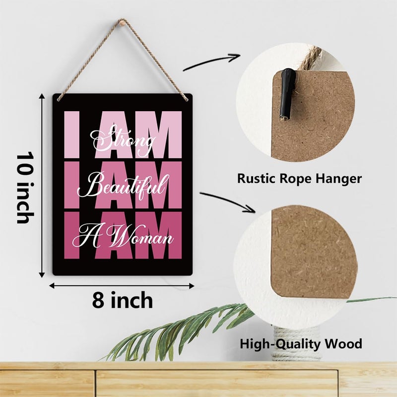 BELLOWDEER Pink Wall Decor Inspirational I Am Strong I Am Beautiful Wooden Sign  Pink Motivational Gift for Women  Pink Decor for Home Office Living Room Bathroom Bedroom Wall Art Decor 8x10 Inches (Black) - Image 2