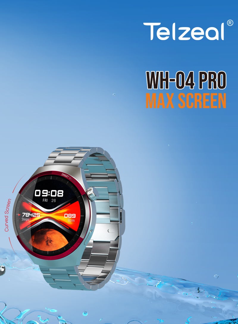 تلزيل ساعة Telzeal WH 04 Pro Max الذكية المقاومة للماء مع شاشة منحنية و3 أزواج من الأشرطة وكابل شحن مصممة للرجال والأولاد باللون الفضي - Image 3